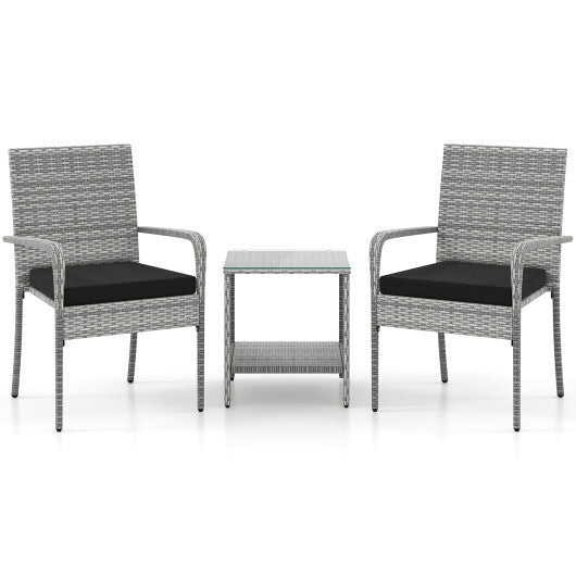 3 Piece Patio Furniture Set with Seat Cushions and Tempered Glass Tabletop for Balcony-White