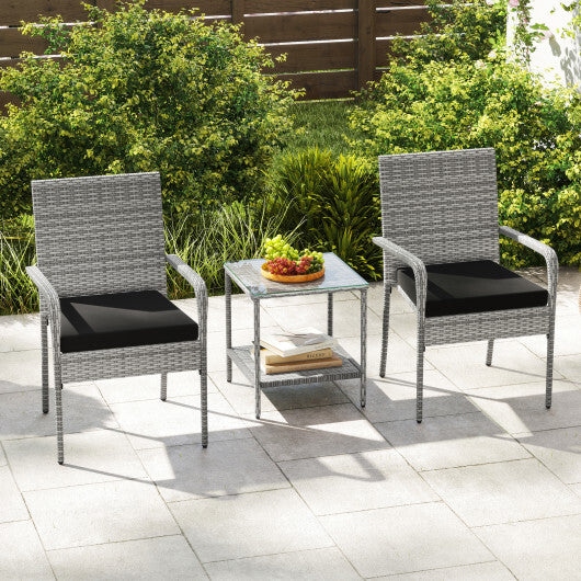3 Piece Patio Furniture Set with Seat Cushions and Tempered Glass Tabletop for Balcony-White
