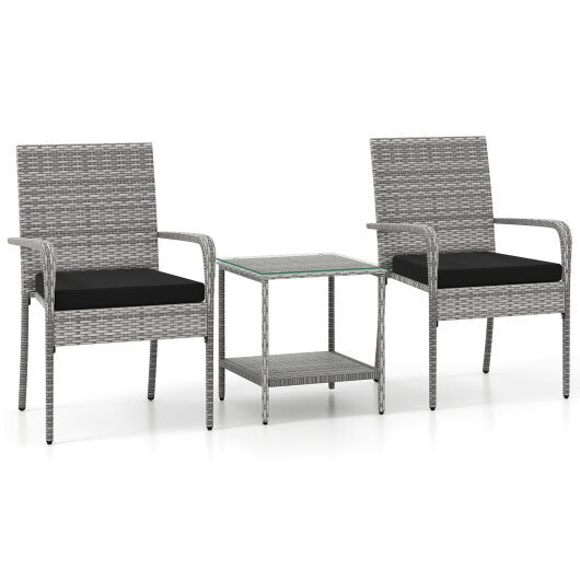 3 Piece Patio Furniture Set with Seat Cushions and Tempered Glass Tabletop for Balcony-White