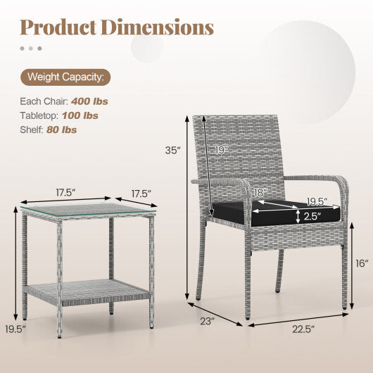 3 Piece Patio Furniture Set with Seat Cushions and Tempered Glass Tabletop for Balcony-White