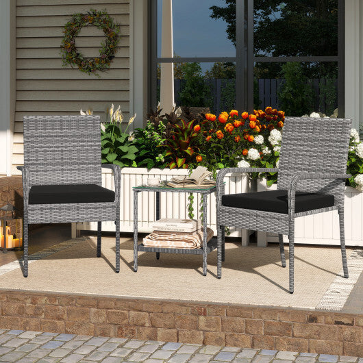3 Piece Patio Furniture Set with Seat Cushions and Tempered Glass Tabletop for Balcony-White