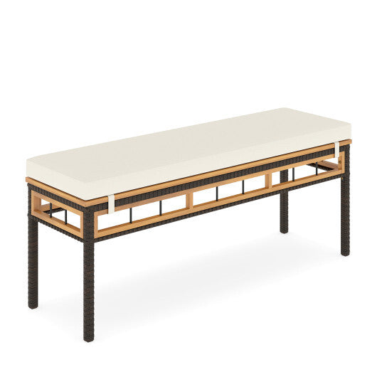 Wicker Patio Bench for 2 People 48invh Long Backless Dining Bench with Acacia Wood Seat-White