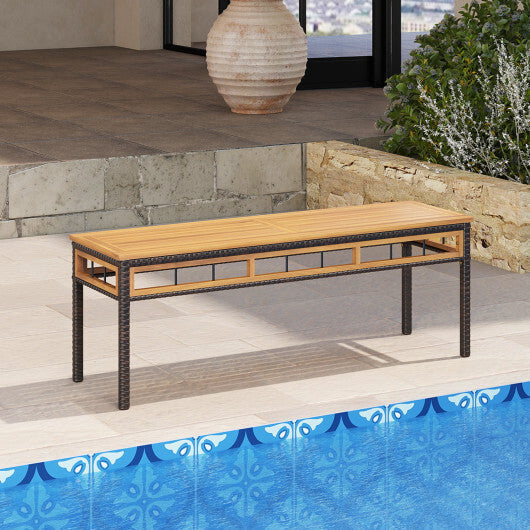 Wicker Patio Bench for 2 People 48invh Long Backless Dining Bench with Acacia Wood Seat-White