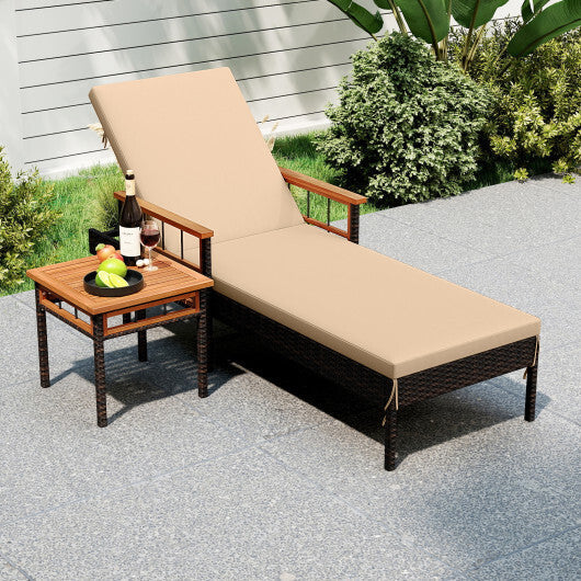 Patio Rattan Chaise Lounge with Side Table and Adjustable Backrest-Beige