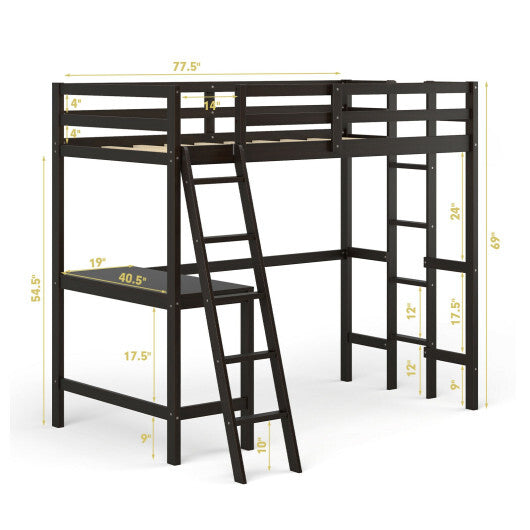 Twin Size Loft Bed Frame with Desk Angled and Built-in Ladder-White
