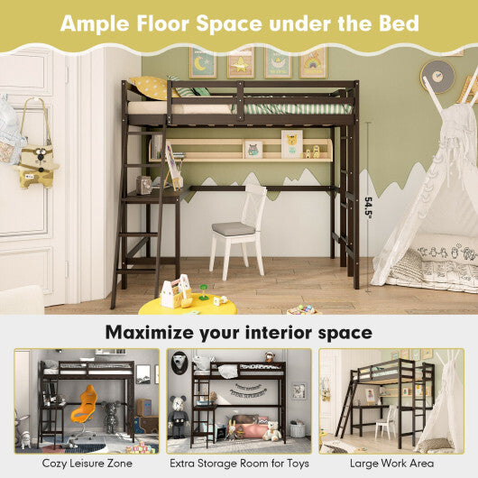 Twin Size Loft Bed Frame with Desk Angled and Built-in Ladder-White