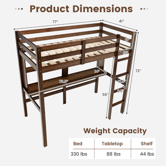 Twin Size Solid Wood Slatted Loft Bed Frame with Safety Guardrail for Kid-Brown