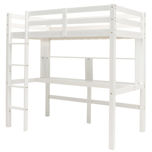 Twin Size Solid Wood Slatted Loft Bed Frame with Safety Guardrail for Kid-Brown