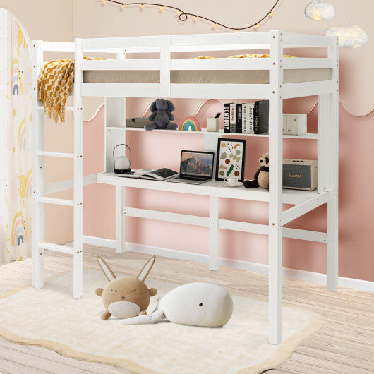 Twin Size Solid Wood Slatted Loft Bed Frame with Safety Guardrail for Kid-Brown
