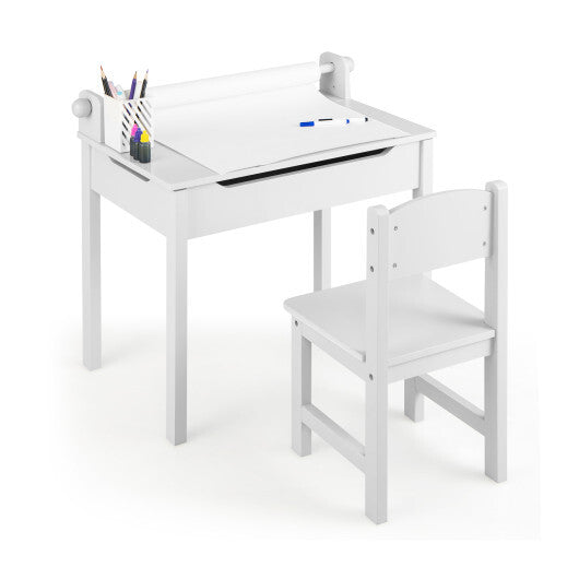 Wooden Kids Table and Chair Set with Storage and Paper Roll Holder-Gray