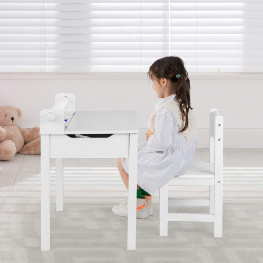 Wooden Kids Table and Chair Set with Storage and Paper Roll Holder-Gray