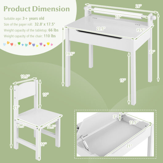 Wooden Kids Table and Chair Set with Storage and Paper Roll Holder-Gray