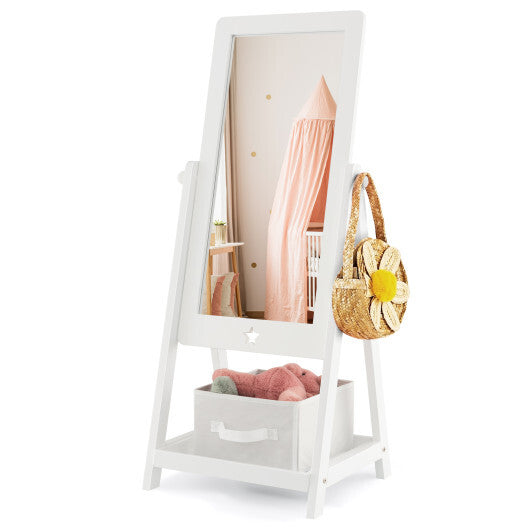 Kids Full Length Mirror 360 Degree Rotatable Dressing Mirror with Storage Bin-White