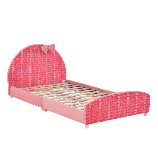 Wood Upholstered Twin Bed Platform with Slat Support-Pink