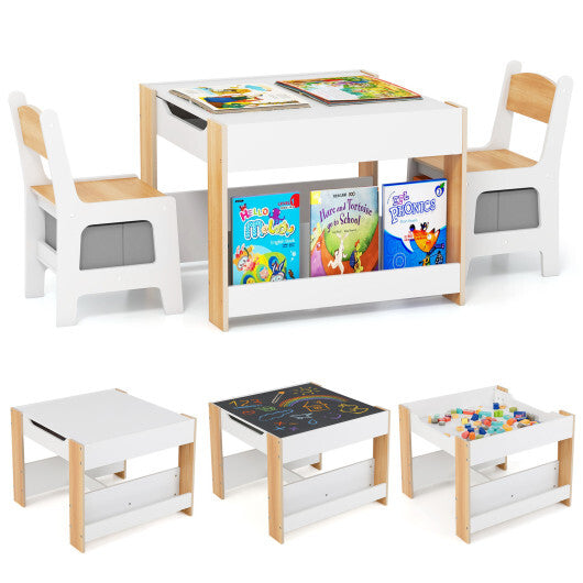 4 in 1 Kids Toddler Activity Table and Chairs Set with Reversible Tabletop-Grey