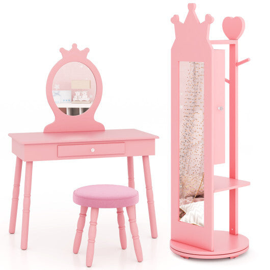 Kids Room Furniture Set Princess Vanity Table and Stool Set with Mirror and Drawer-White