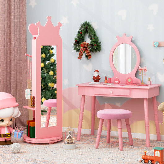 Kids Room Furniture Set Princess Vanity Table and Stool Set with Mirror and Drawer-White