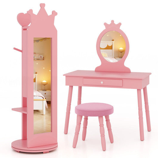 Free-Standing Full Length Mirror Kids Jewelry Armoire Cabinet-White