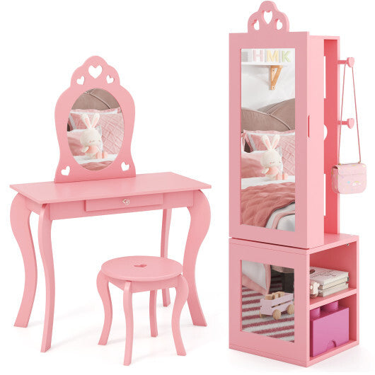Princess Vanity Table and Stool Set Freestanding Jewelry Cabinet Armoire with Full-Length Mirror-White