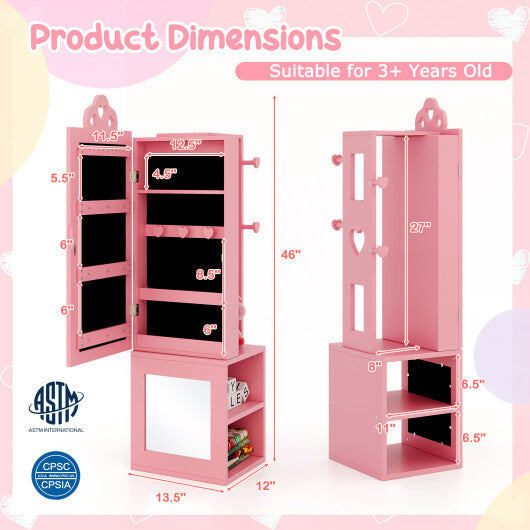 Princess Vanity Table and Stool Set Freestanding Jewelry Cabinet Armoire with Full-Length Mirror-White