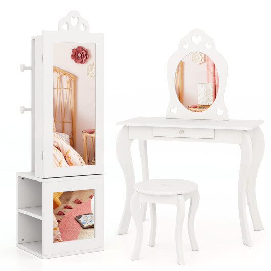3-in-1 Freestanding Kids Jewelry Cabinet Armoire with Full Length Mirror-Pink