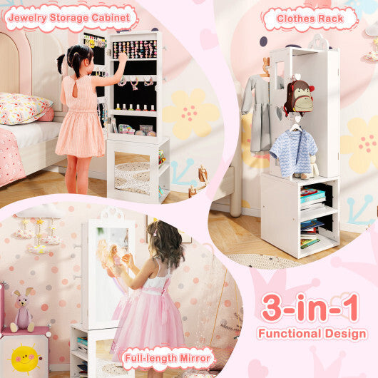 3-in-1 Freestanding Kids Jewelry Cabinet Armoire with Full Length Mirror-Pink