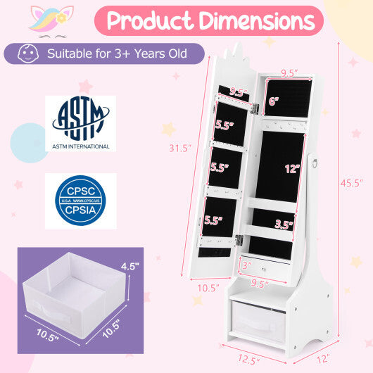 Kids Princess Vanity Table and Stool Set with Jewelry Cabinet and Mirror Drawer-White
