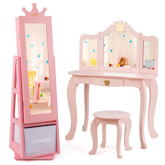 Kids Jewelry Armoire Cabinet with Large Storage Capacity and Swivel Base-White