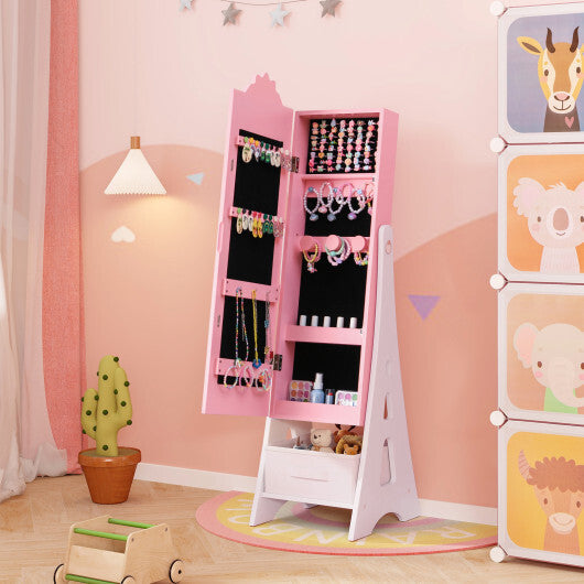 Kids Jewelry Cabinet with Full-Length Mirror and Foldable Drawer-White