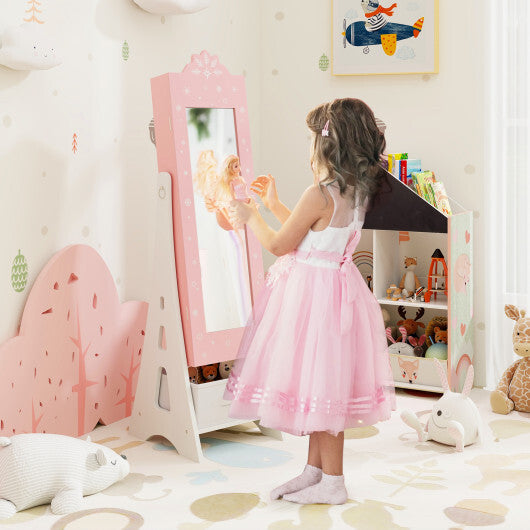 Kids Jewelry Cabinet with Full-Length Mirror and Foldable Drawer-White