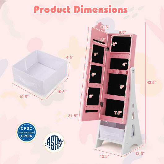 Kids Jewelry Cabinet with Full-Length Mirror and Foldable Drawer-White