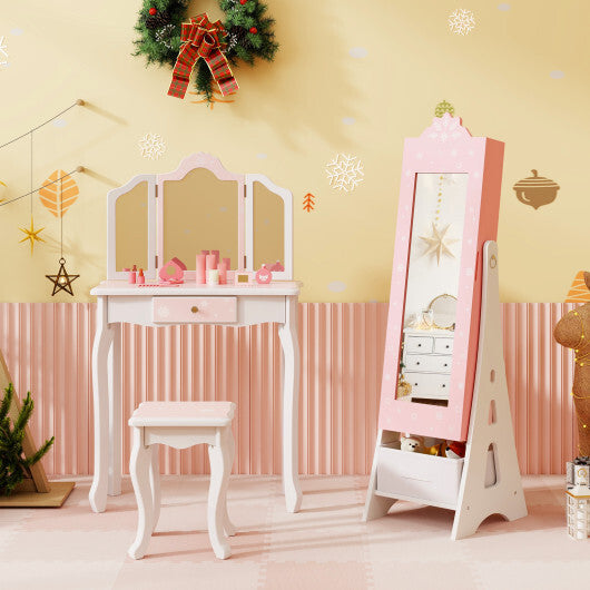 Kids Jewelry Cabinet with Full-Length Mirror and Foldable Drawer-White