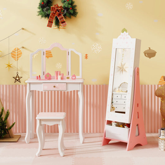 Kids Jewelry Cabinet with Full-Length Mirror and Foldable Drawer-White