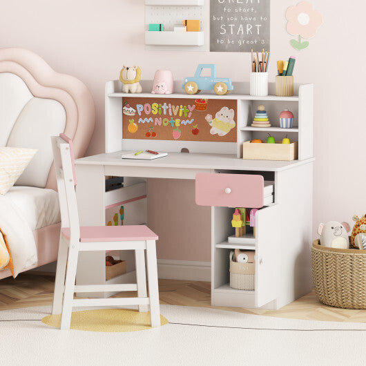 Kids Desk and Chair Set with Hutch and 3-Layer Side Shelf-White