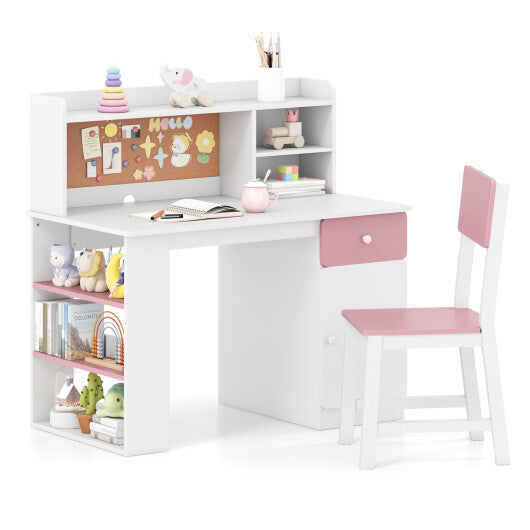 Kids Desk and Chair Set with Hutch and 3-Layer Side Shelf-White