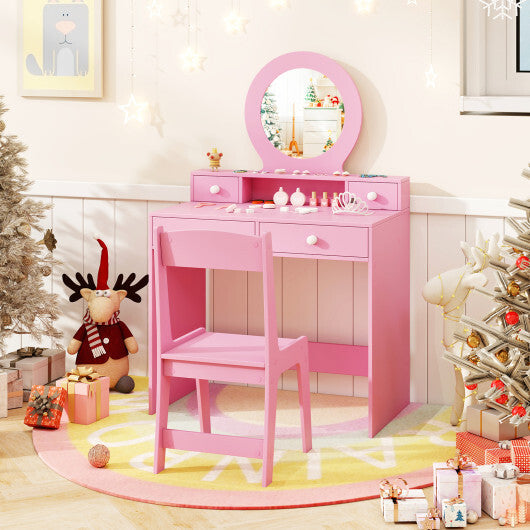 Kids Vanity Set with Mirror Princess Makeup Dressing Desk and Chair Set with Mirror-White