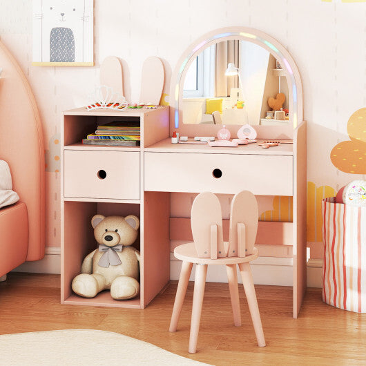 Kids Vanity Desk and Chair Set with Lights  Open Shelves-White
