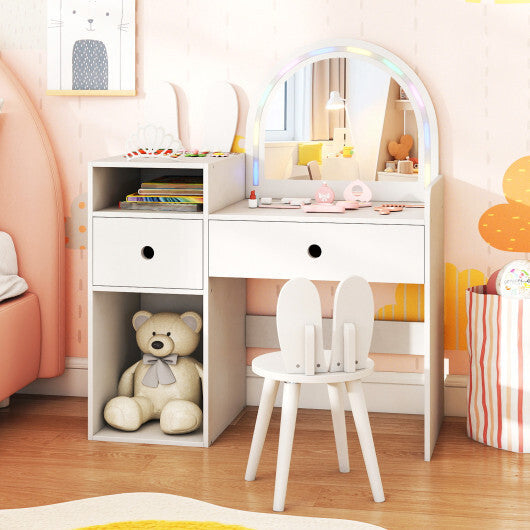 Kids Vanity Desk and Chair Set with Lights  Open Shelves-White
