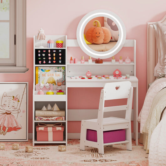 Kids Vanity Desk with Mirror and Lights Princess Pretend Play Dressing Table and Chair Set-White