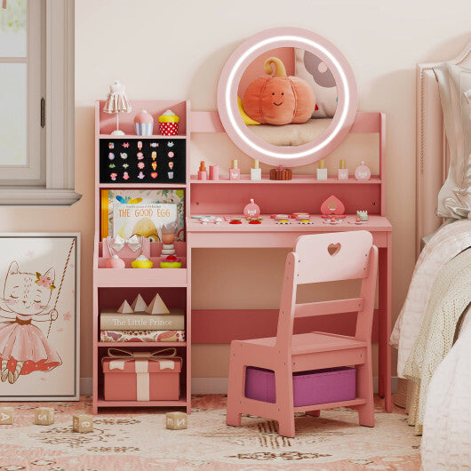 Kids Vanity Desk with Mirror and Lights Princess Pretend Play Dressing Table and Chair Set-White