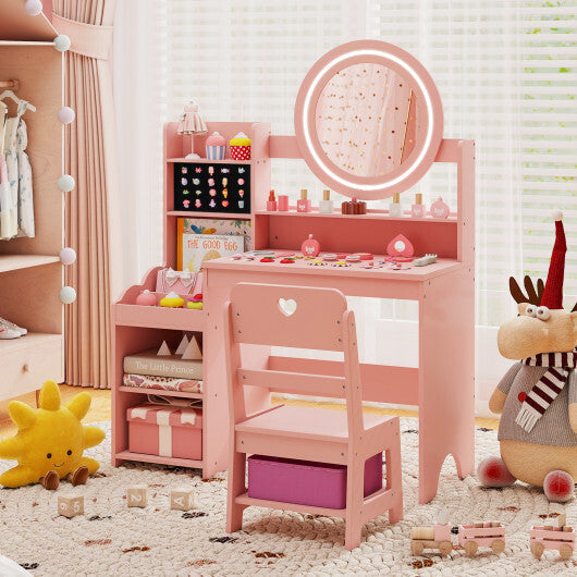 Kids Vanity Desk with Mirror and Lights Princess Pretend Play Dressing Table and Chair Set-White