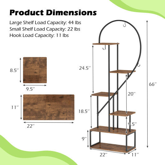 6-Tier Metal Plant Stand 2 Half-Heart-Shape Ladder Plant Shelves-Coffee