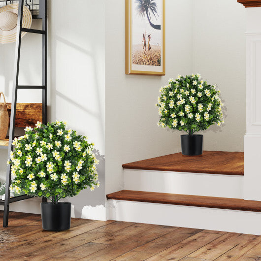 2 Pack Artificial Boxwood Topiary Ball Tree Faux Shrub Bushes with Flowers-White