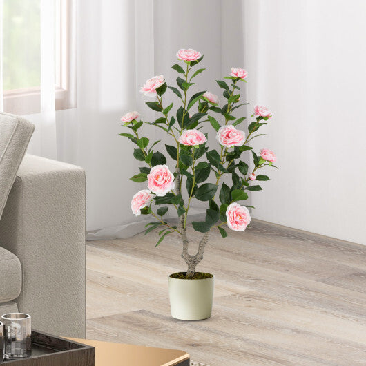 36 Inch Artificial Camellia Tree with Blooming Flower 2 Pack-Orange