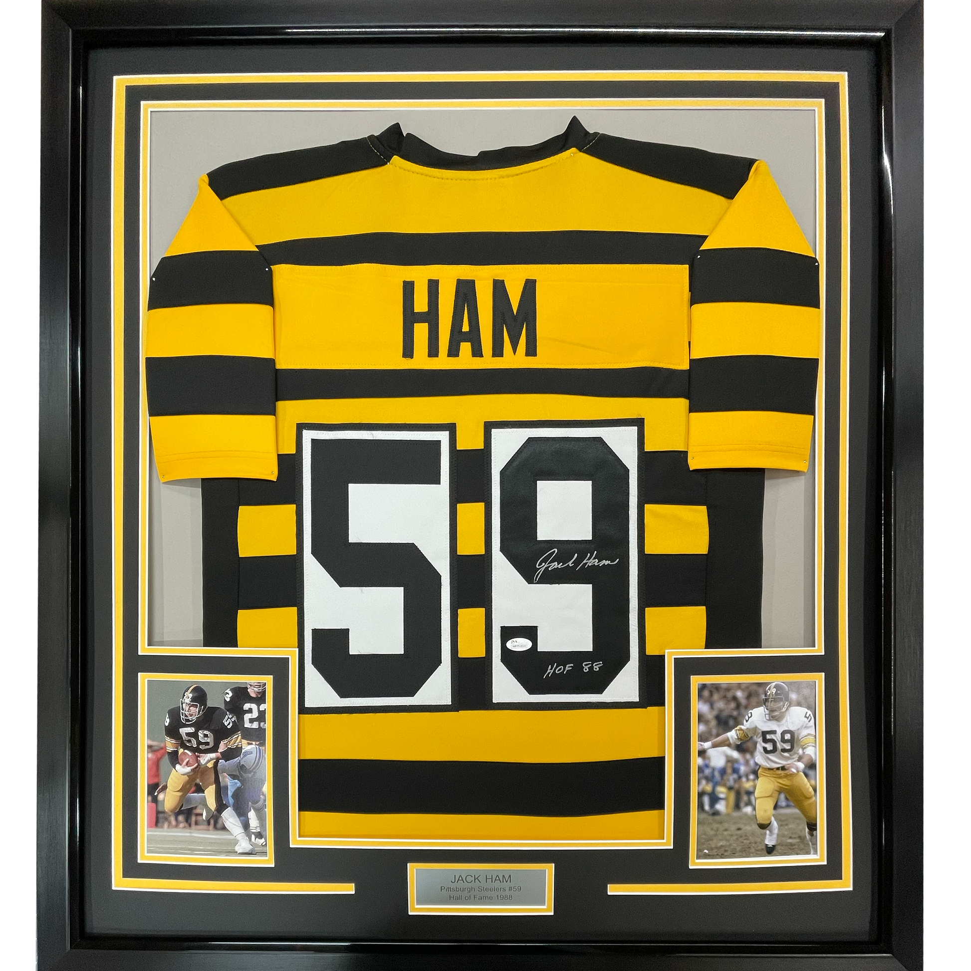Framed Autographed/Signed Jack Ham HOF 88 35x39 Pittsburgh Bumble Bee Football Jersey JSA COA