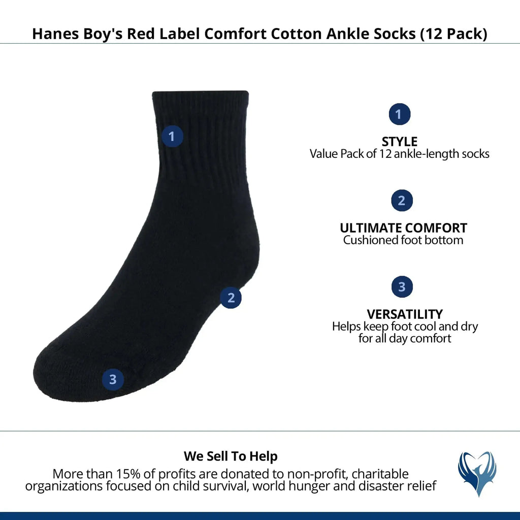 Hanes Boys' Socks, Double Tough Cushioned Ankle and No Show, 12-Pair Packs Large No Show - Black - 12 Pack