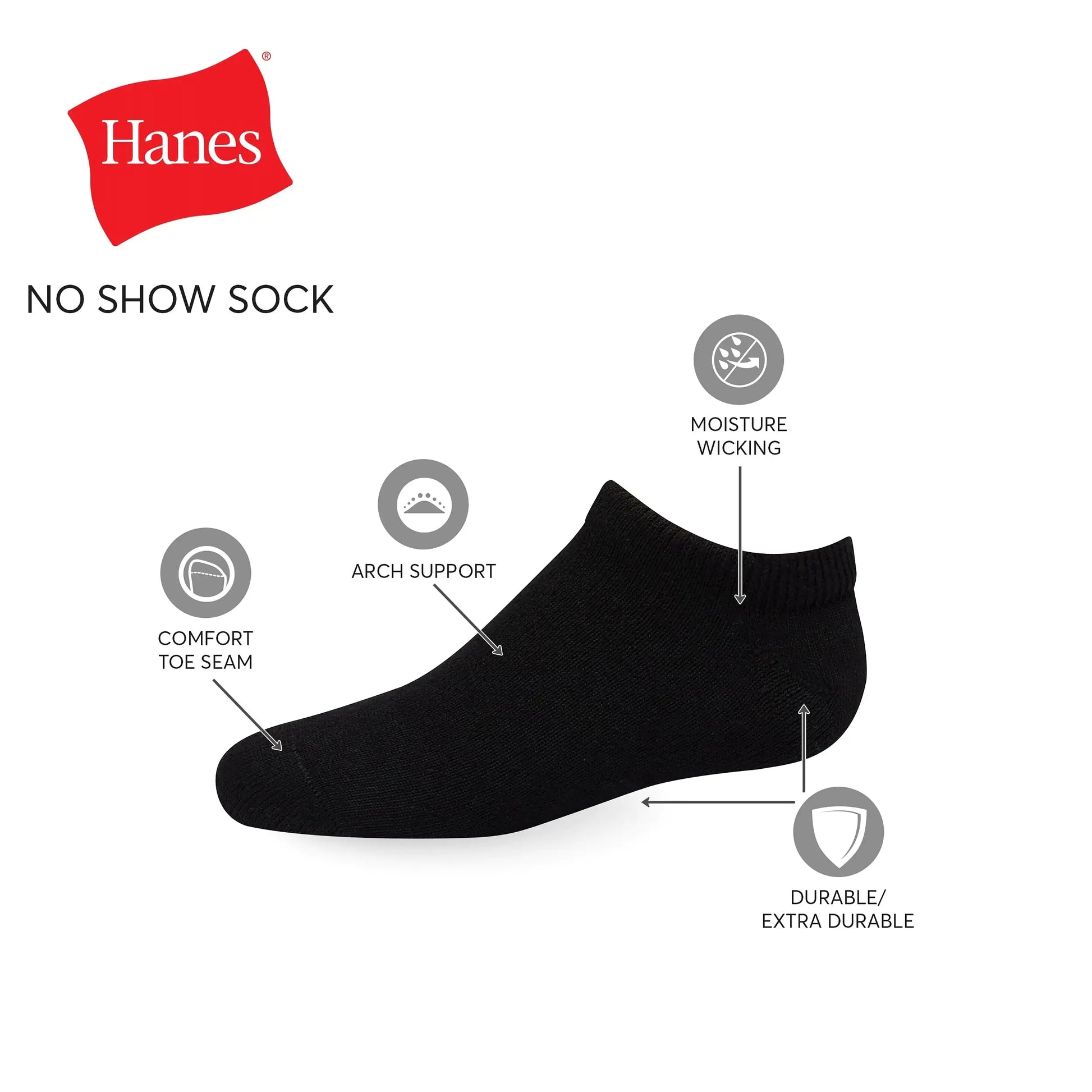 Hanes Boys' Socks, Double Tough Cushioned Ankle and No Show, 12-Pair Packs Large No Show - Black - 12 Pack