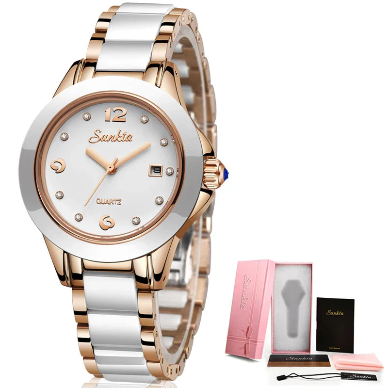 Women's Ceramic Stainless Steel Dress Watch With Date