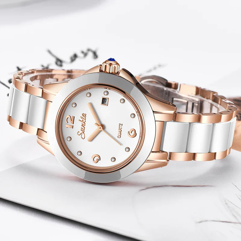 Women's Ceramic Stainless Steel Dress Watch With Date