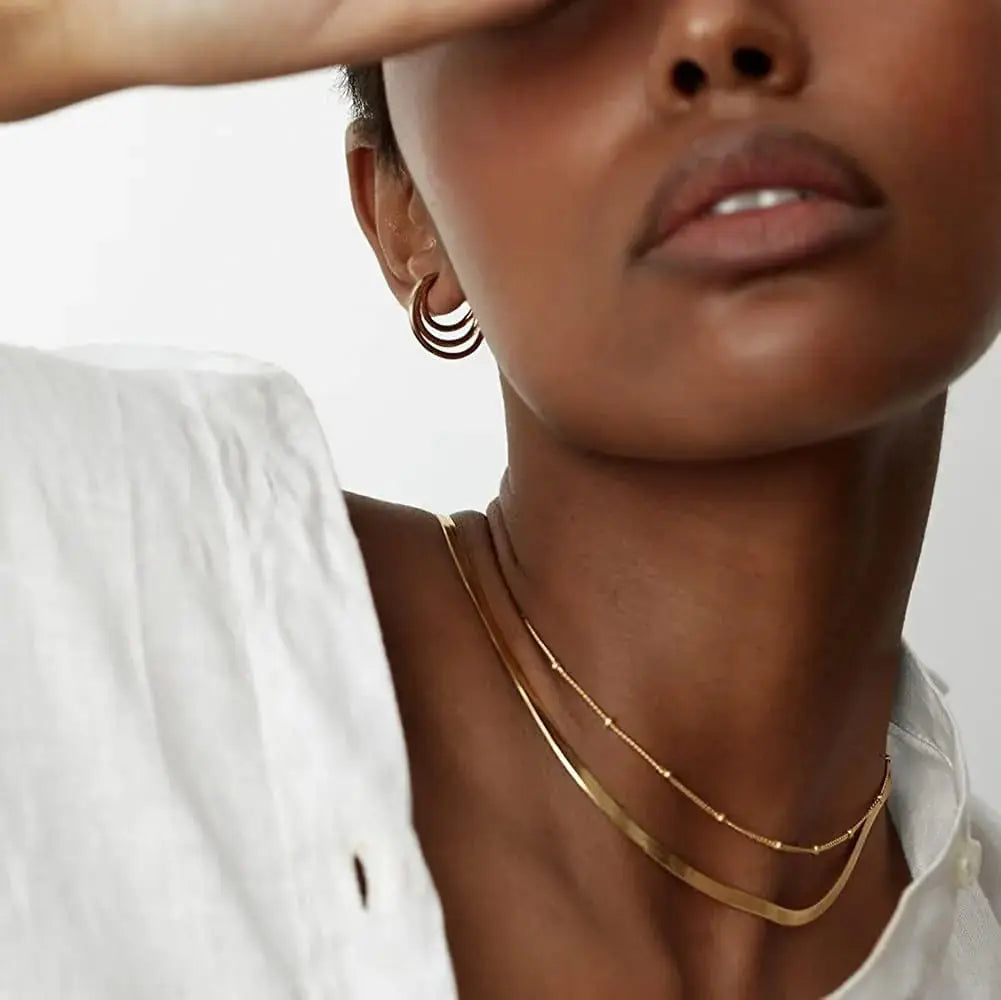 Herringbone Gold Necklace for Women – 14k Gold Plated Snake & Figaro Chain Choker, Dainty Layered Jewelry Gift